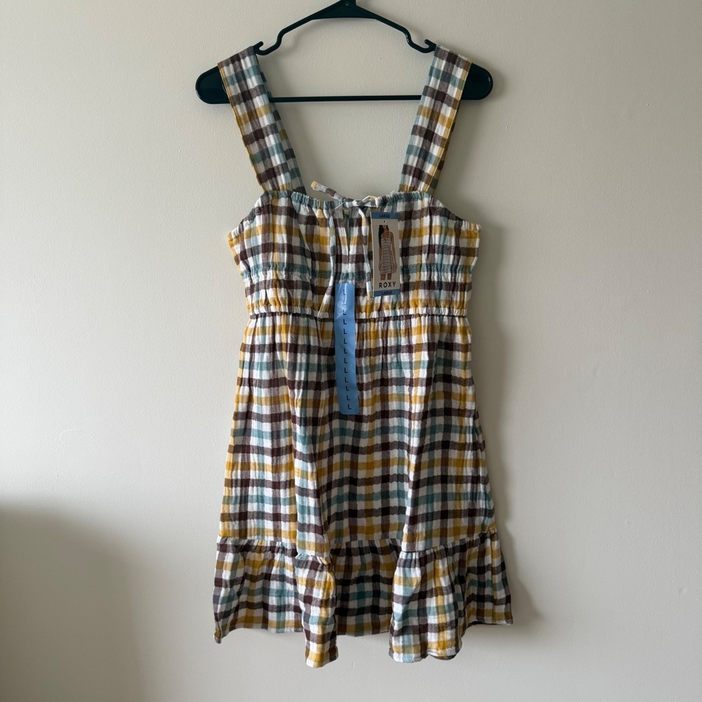 Roxy Womens Large Plaid Smocked Mini Dress Sundress Yellow Brown Teal Cotton NWT